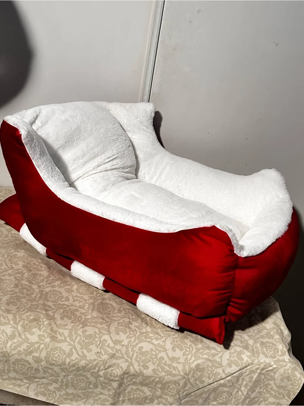 Cozy Red and White Santa Sleigh Plush Pet Bed